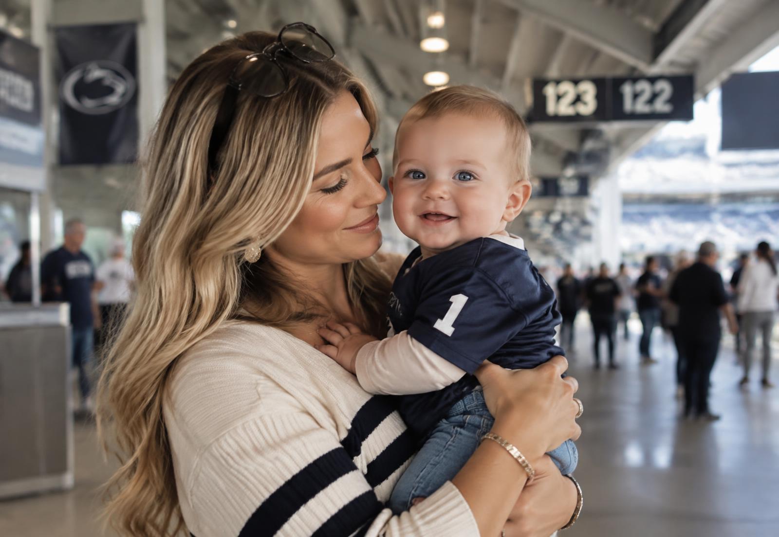 A mother holding her smiling baby on the concourse of a large stadium event